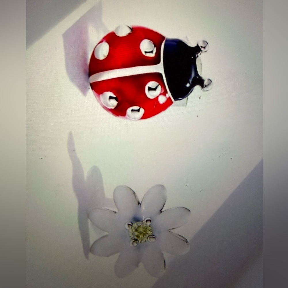 Red Sterling Silver 925 Ladybug and White Flower Earrings